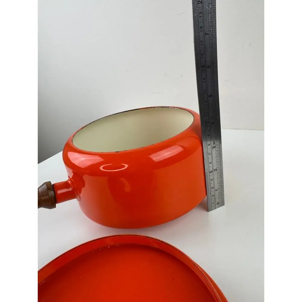 Vintage Bright Enamel Orange Fondue Pot Aluminum Wooden Single Handle with Lid